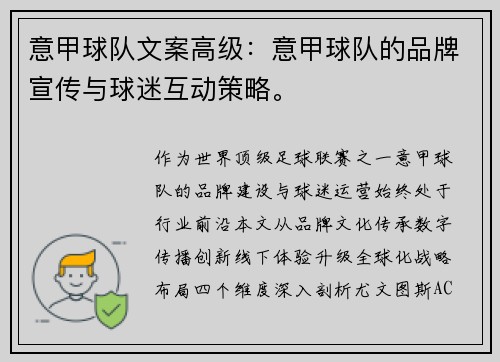 意甲球队文案高级：意甲球队的品牌宣传与球迷互动策略。